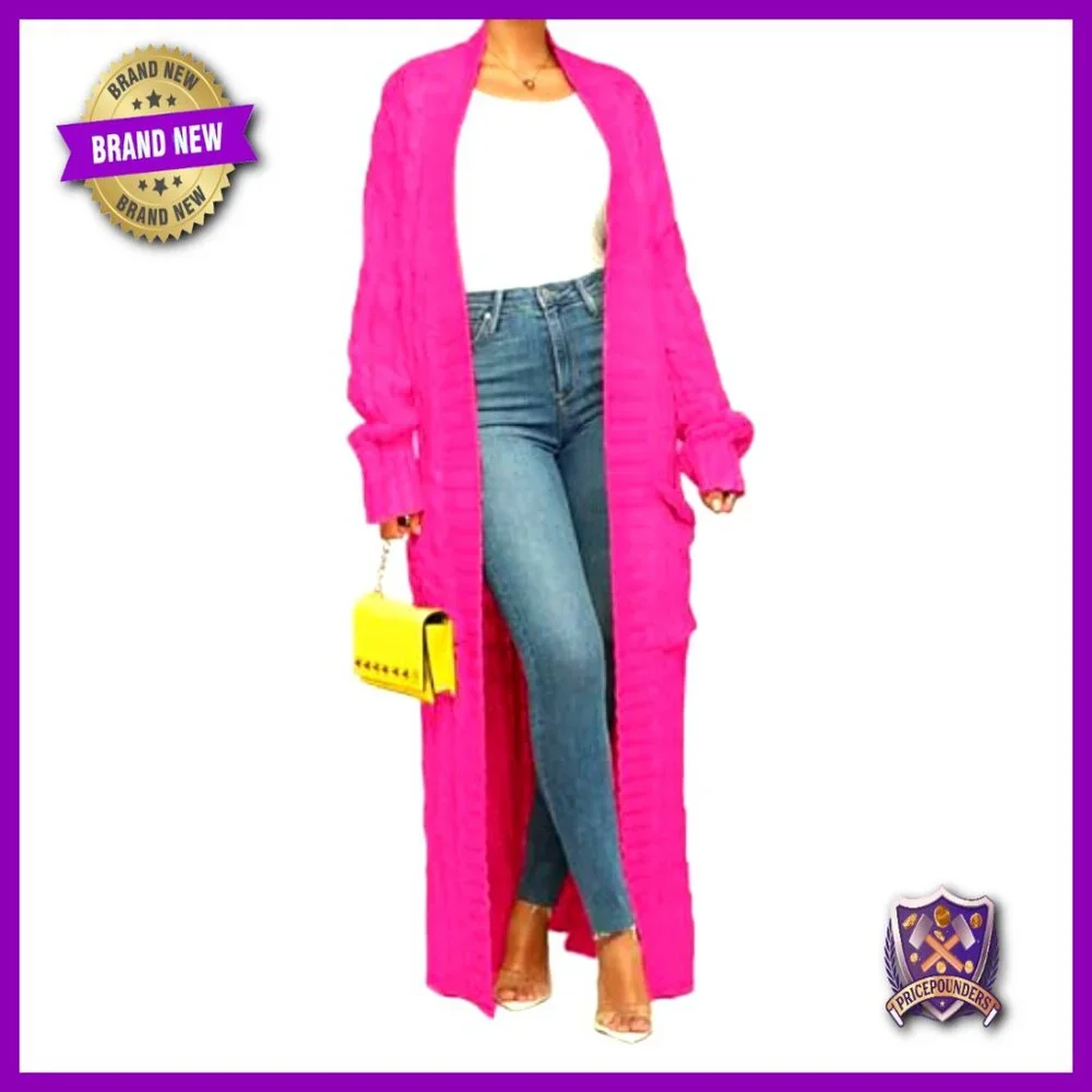 Chunky Cable Knit Cardigan with Pockets, Maxi Length, Oversized Fit - Picture 2 of 7